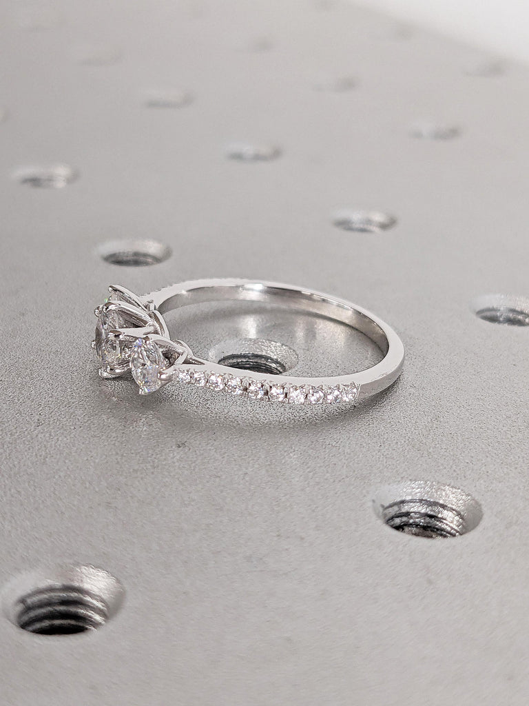 Round Cut Moissanite Engagement Ring | 14k White Gold Three Stone Wedding Ring | Dainty Half Eternity Moissanite Ring | Unique Wedding Gift