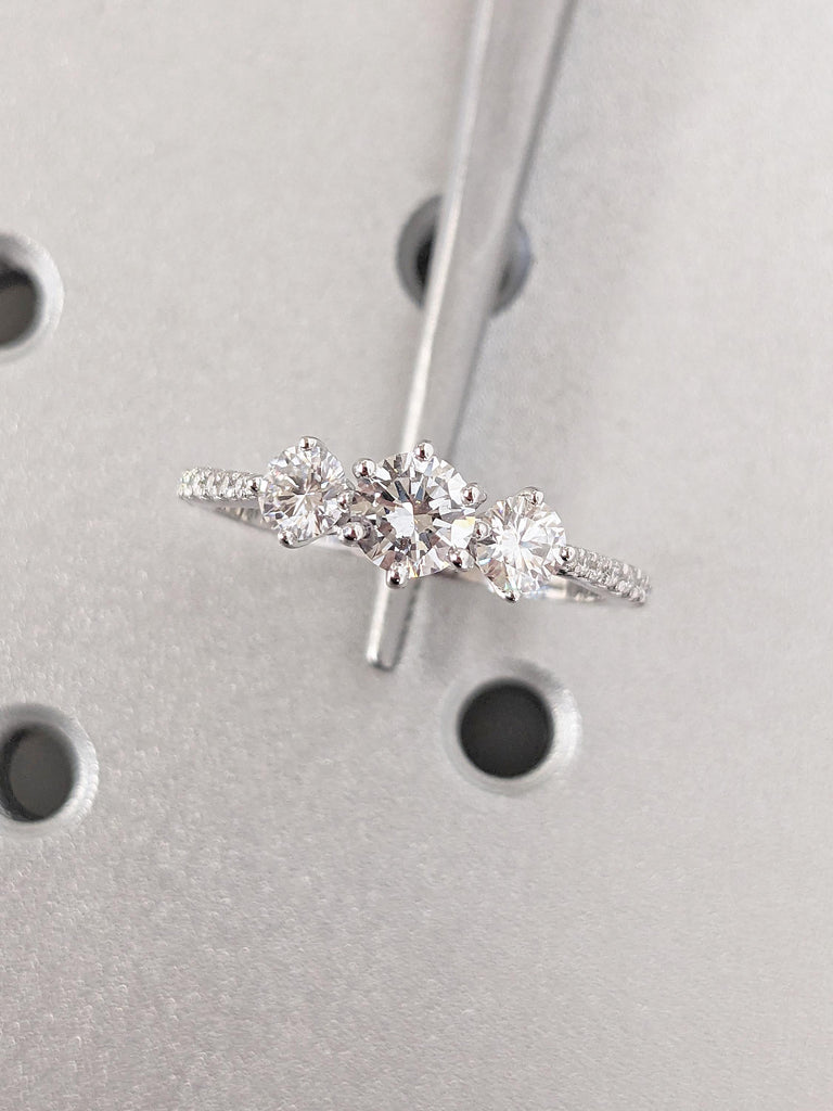 Round Cut Moissanite Engagement Ring | 14k White Gold Three Stone Wedding Ring | Dainty Half Eternity Moissanite Ring | Unique Wedding Gift