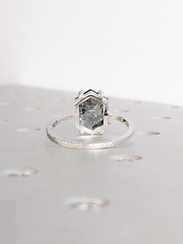 3ct, 4ct Natural Black Diamond Engagement Ring | Unique Hand Hammered 14k Gold Rings for Women | Hexagon cut Salt and Pepper Diamond Ring