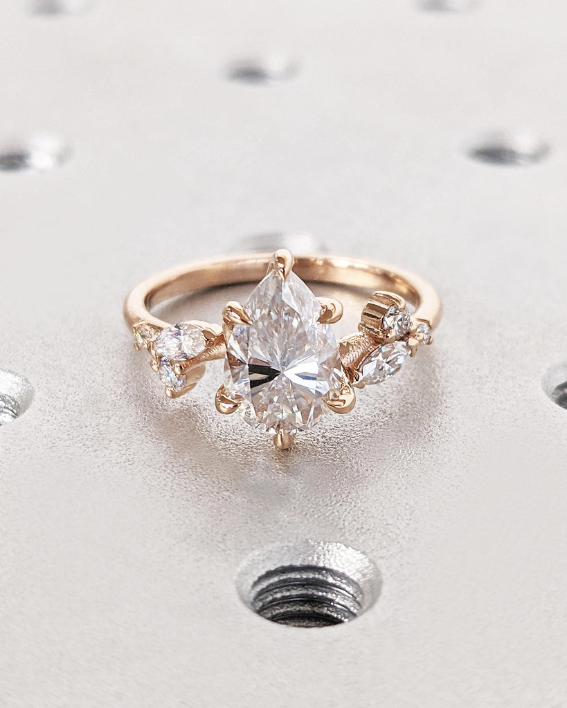 Pear Moissanite Nature Engagement Ring / Diamond Accent Leaves on Twig Ring / Dainty Leaf Ring / 14K Rose Gold / Unique Promise Ring For Her