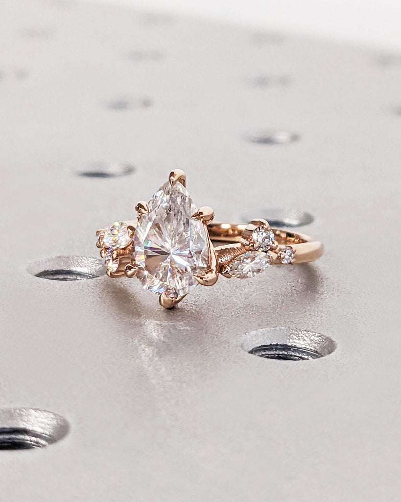 Pear Moissanite Nature Engagement Ring / Diamond Accent Leaves on Twig Ring / Dainty Leaf Ring / 14K Rose Gold / Unique Promise Ring For Her