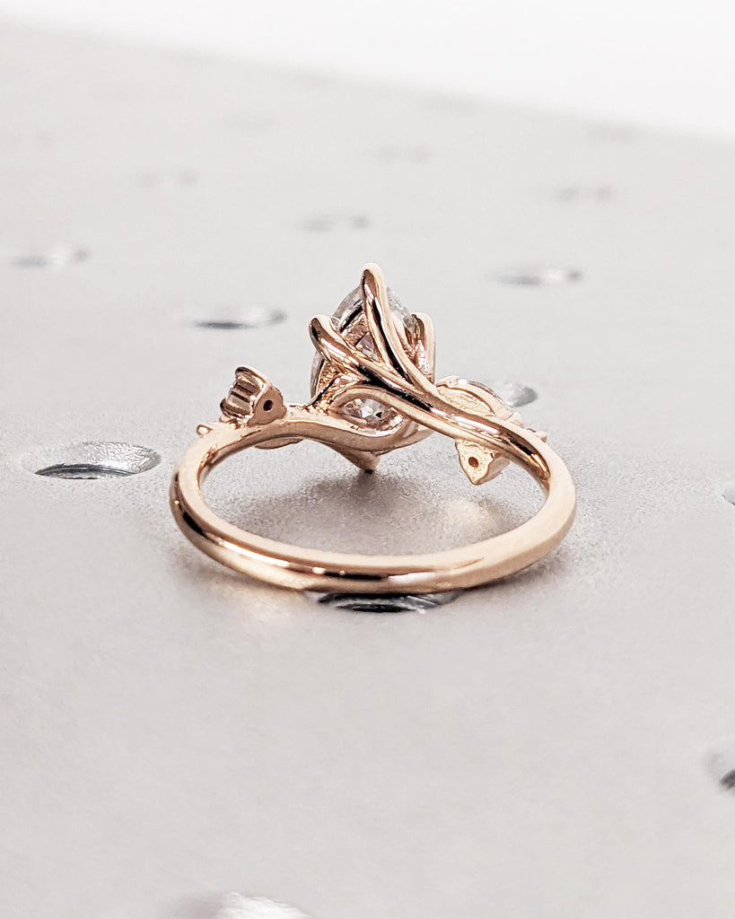 Pear Moissanite Nature Engagement Ring / Diamond Accent Leaves on Twig Ring / Dainty Leaf Ring / 14K Rose Gold / Unique Promise Ring For Her