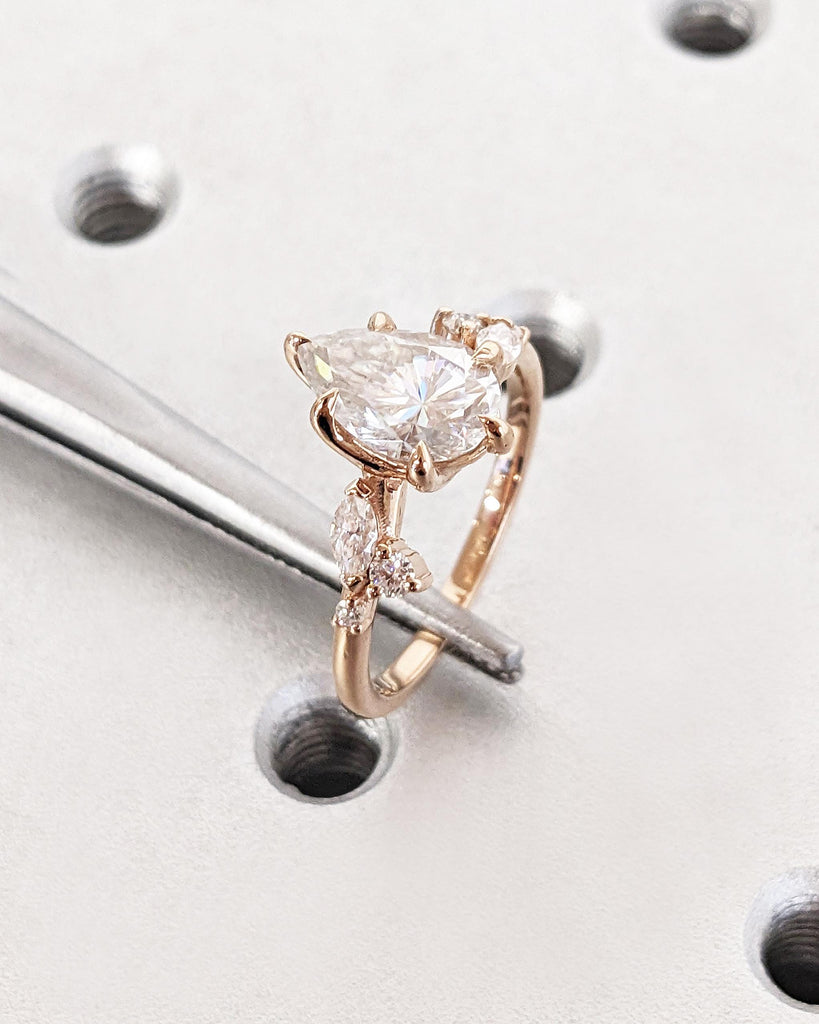 Nature Leaf Twig Pear Moissanite Ring, Pear Shaped Moissanite Engagement Ring, Nature Engagement Ring, Round Marquise Accents, 14K Rose Gold