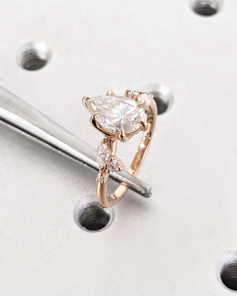 Tear Drop Moissanite Ring | 14k Gold Engagement Ring for Her | Art Nouveau Promise Ring | VVS Moissanite Multi Stone Ring | Handmade Ring