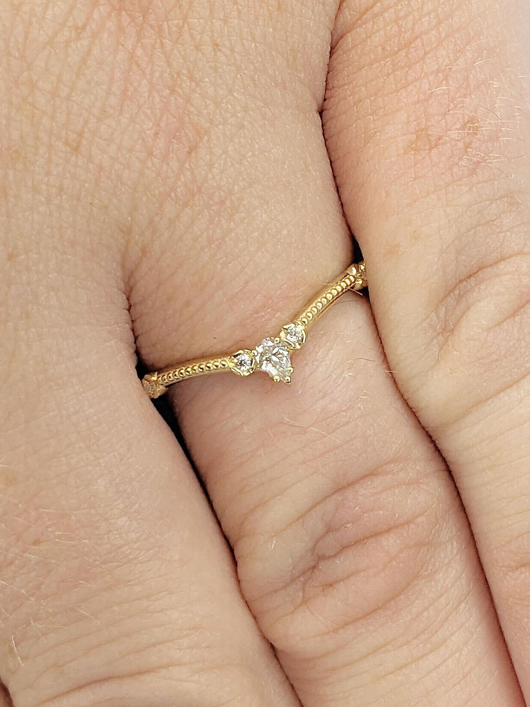 14k Gold Curved Wedding Ring, Solid Gold Royal Curve Ring, Dainty V Shaped Chevron Ring, Prong Set Lab Diamond Stacking Ring, Handmade Gifts