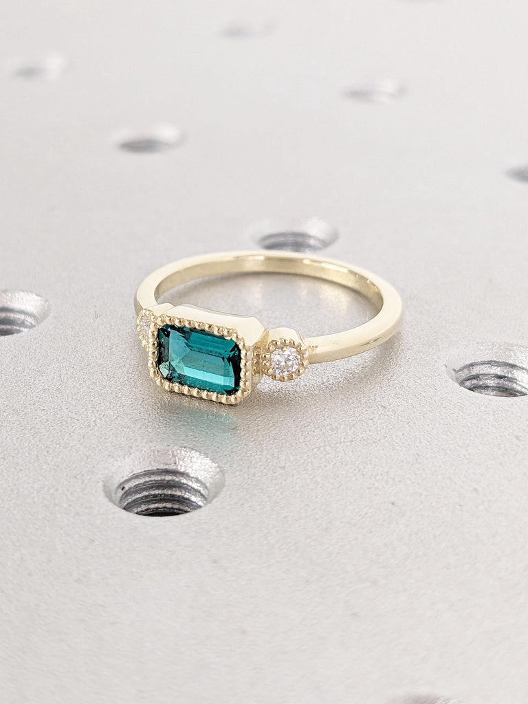 Green Emerald Ring | Vintage Milgrain Ring | Lab Emerald Engagement Ring | 14k Yellow Gold Ring | Wedding Promise Anniversary Ring for Her