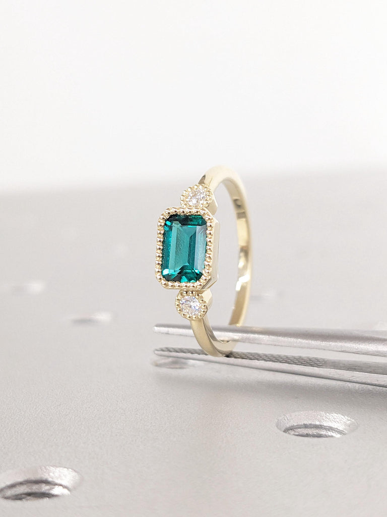 14k Yellow Gold Rings for Women | Milgrain Ring | Lab Emerald Unique Engagement Ring | Emerald cut Green Gemstone Ring