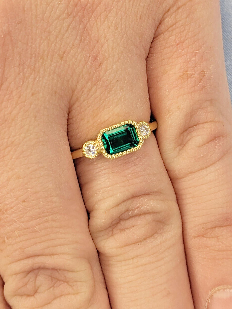 o.5ct Emerald cut Engagement Ring | Lab Created Emerald and Diamonds Promise Ring | Vintage Milgrain Wedding Anniversary Ring for Her