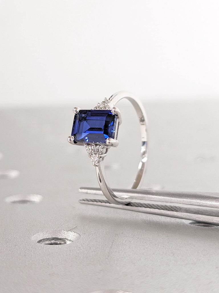 Lab Sapphire Ring, Emerald Cut 14K White Gold Ring, Moissanite and Diamond Cluster Ring, Vintage Blue Sapphire Ring, Unique Promise Rings