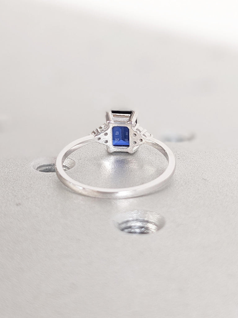 Lab Sapphire Ring, Emerald Cut 14K White Gold Ring, Moissanite and Diamond Cluster Ring, Vintage Blue Sapphire Ring, Unique Promise Rings