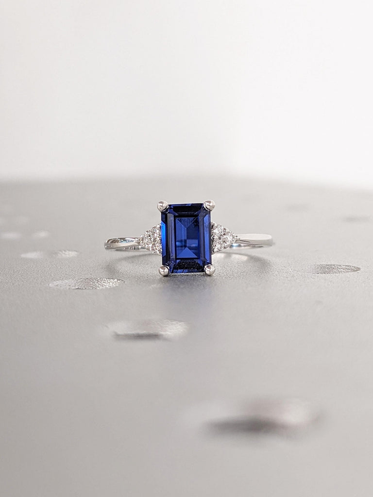 Lab Sapphire Ring, Emerald Cut 14K White Gold Ring, Moissanite and Diamond Cluster Ring, Vintage Blue Sapphire Ring, Unique Promise Rings