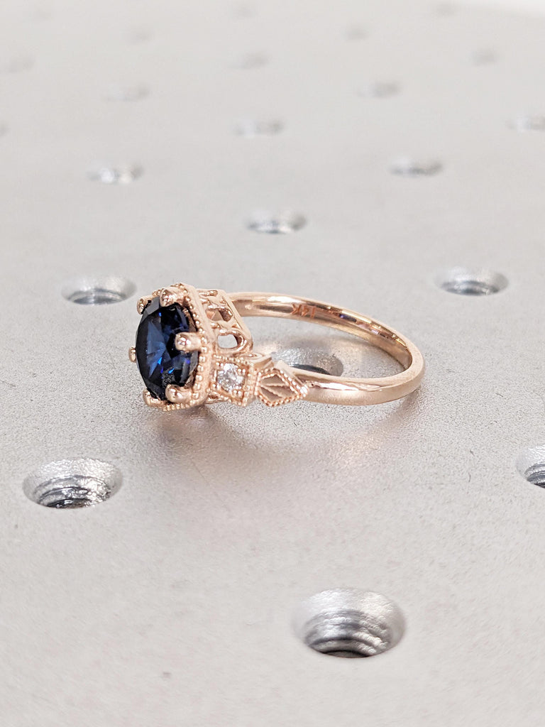 14k Rose Gold Wedding Ring, Lab Sapphire Ring, Milgrain Blue Sapphire Ring, Art Deco Anniversary Ring, Unique Statement Ring, Bridal Ring
