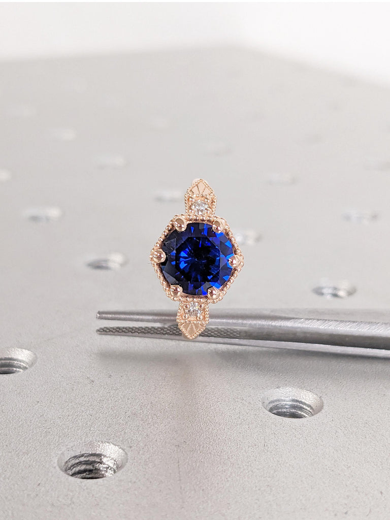 14k Rose Gold Wedding Ring, Lab Sapphire Ring, Milgrain Blue Sapphire Ring, Art Deco Anniversary Ring, Unique Statement Ring, Bridal Ring