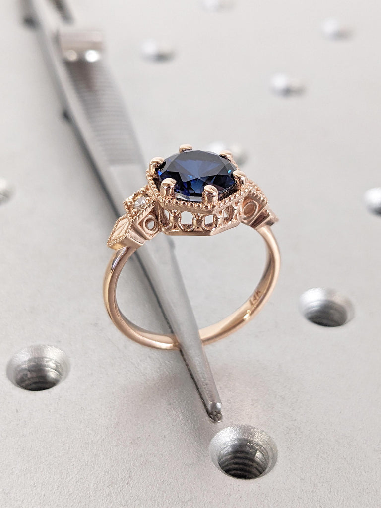 14k Rose Gold Wedding Ring, Lab Sapphire Ring, Milgrain Blue Sapphire Ring, Art Deco Anniversary Ring, Unique Statement Ring, Bridal Ring