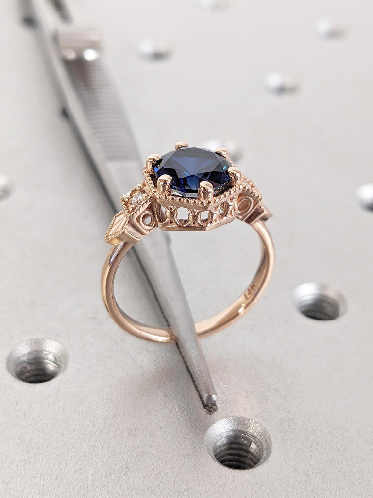 Vintage Lab Sapphire Ring, 14k Rose Gold Blue Sapphire Ring, Milgrain Engagement Ring, Dainty Promise Ring, Unique Anniversary Gift for Her