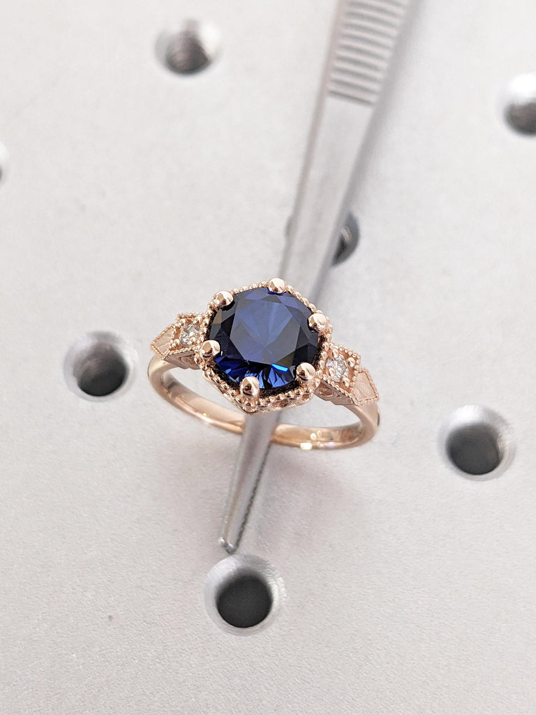 Vintage Lab Sapphire Ring, 14k Rose Gold Blue Sapphire Ring, Milgrain Engagement Ring, Dainty Promise Ring, Unique Anniversary Gift for Her