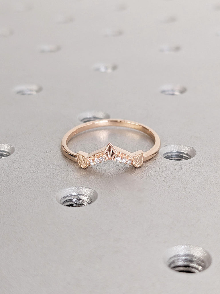 14k Rose Gold Chevron Stacking Ring | Real Gold Rings for Women | Antique Curved Wedding Ring | Lab Diamond Cluster Ring | V Shaped Ring