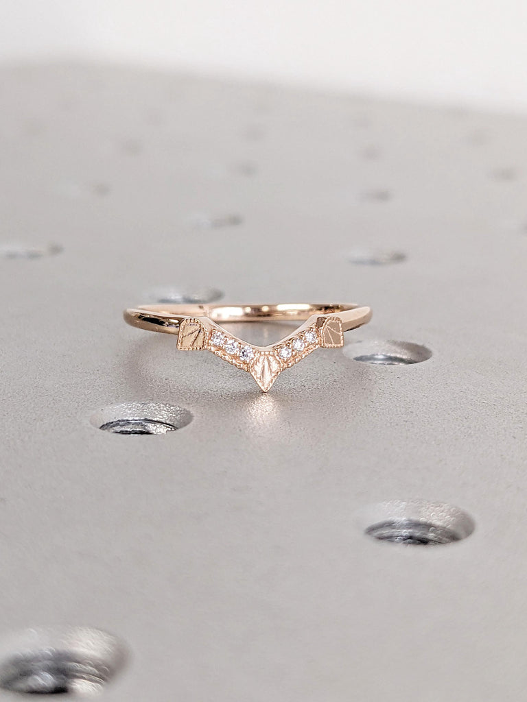 14k Rose Gold Chevron Stacking Ring | Real Gold Rings for Women | Antique Curved Wedding Ring | Lab Diamond Cluster Ring | V Shaped Ring