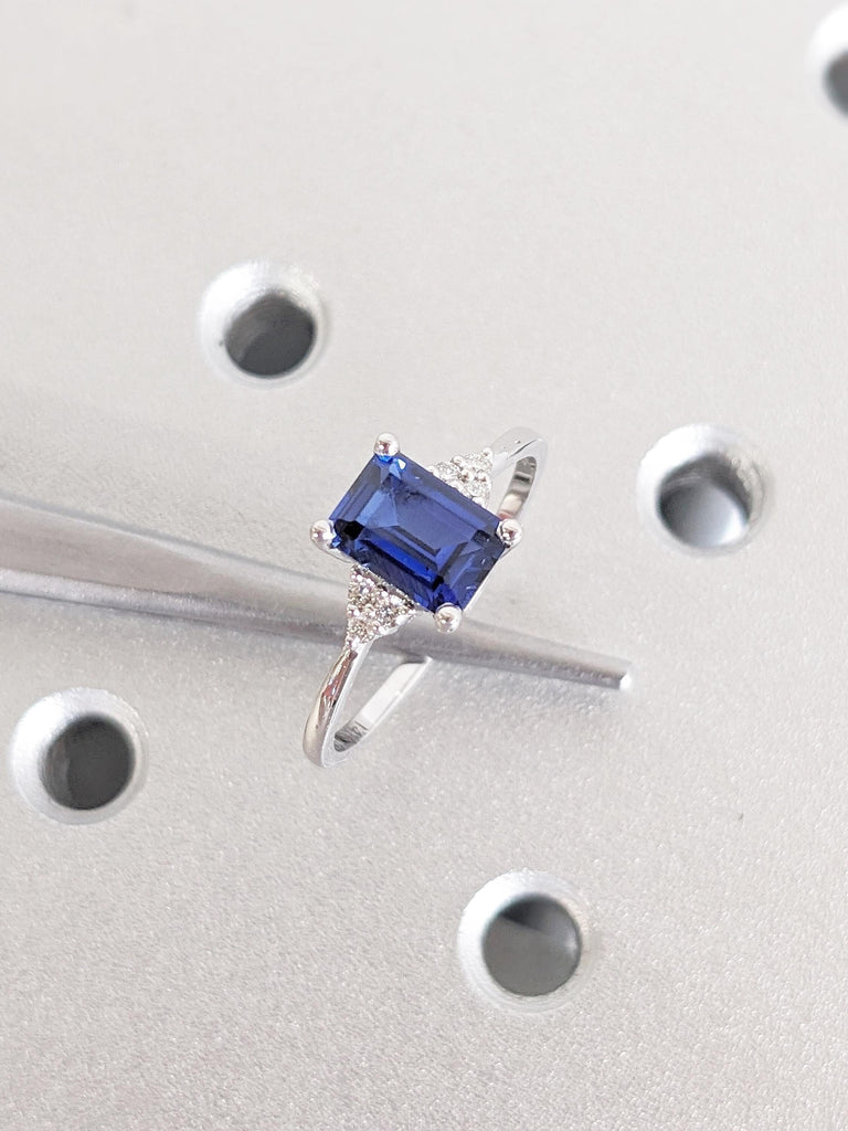 Lab Sapphire Ring, Emerald Cut 14K White Gold Ring, Moissanite and Diamond Cluster Ring, Vintage Blue Sapphire Ring, Unique Promise Rings