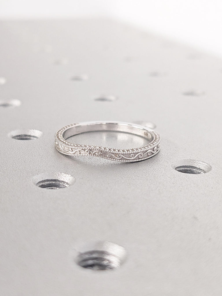 14k White Gold Wedding Band | Filigree Curved Wedding Rings for Women | Milgrain Stacking Ring | Wedding Anniversary Gift | Matching Ring