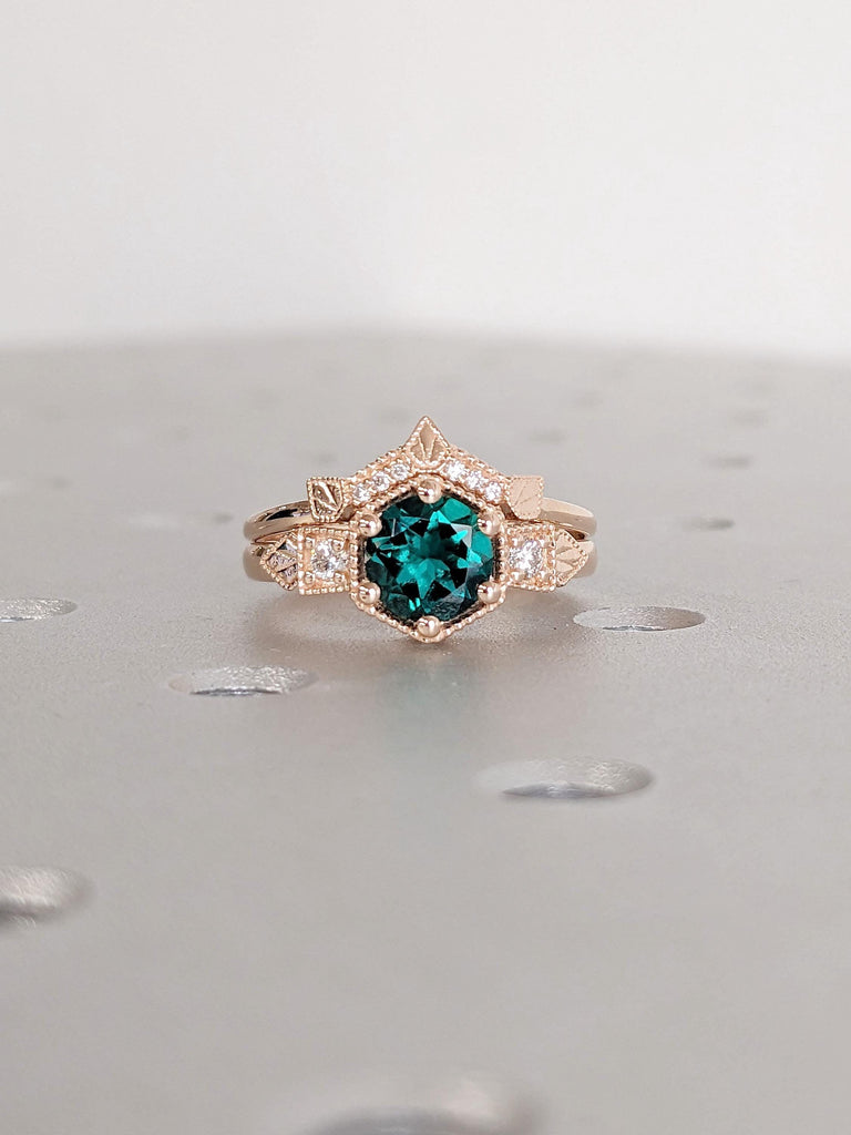 1ct-4ct Emerald Engagement Ring Set | Solid 14K Rose Gold Engagement Ring | Vintage Milgrain Bridal Ring | Her Promise Ring Anniversary Gift