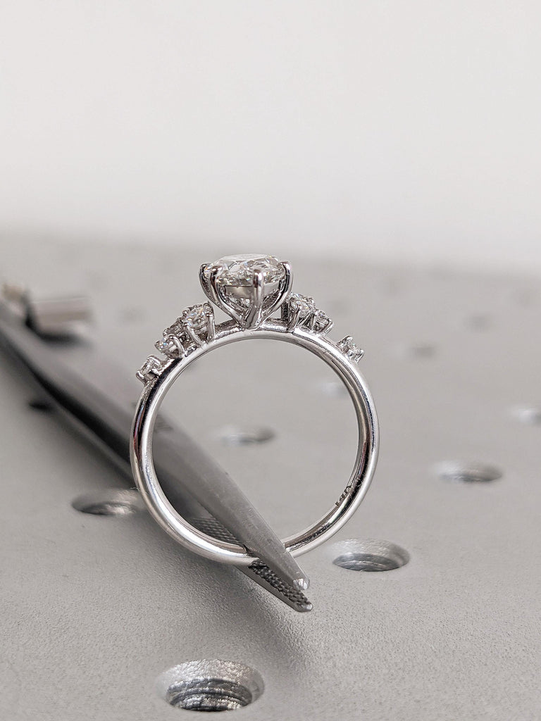 Oval Lab Grown Diamond Ring, Dainty 14K White Gold Engagement Ring, Art Deco Snowdrift 6 Prong Diamond Cluster Ring, Birthday Gift for Wife