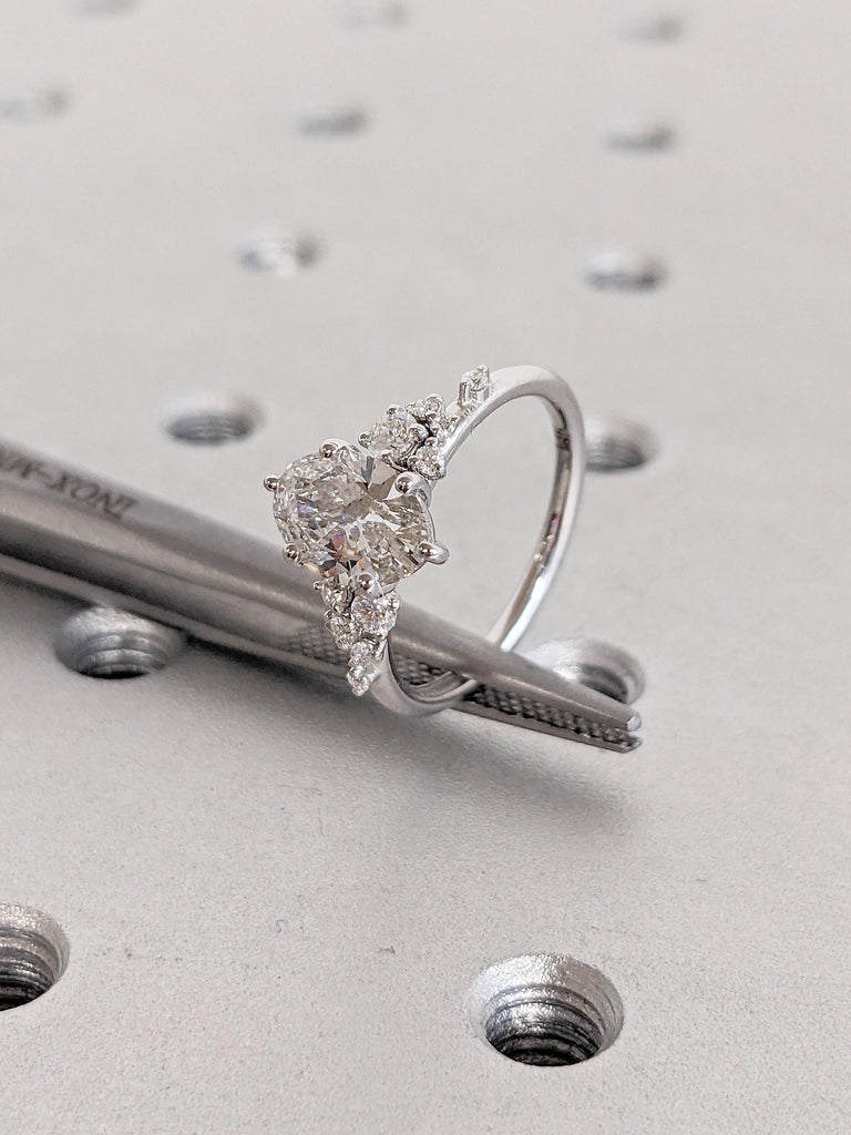 Oval Cut Moissanite Engagement Ring | 14k White Gold Ring | Unique Snowdrift 6 Prong Diamond Cluster Promise Ring | Anniversary Gift for Her