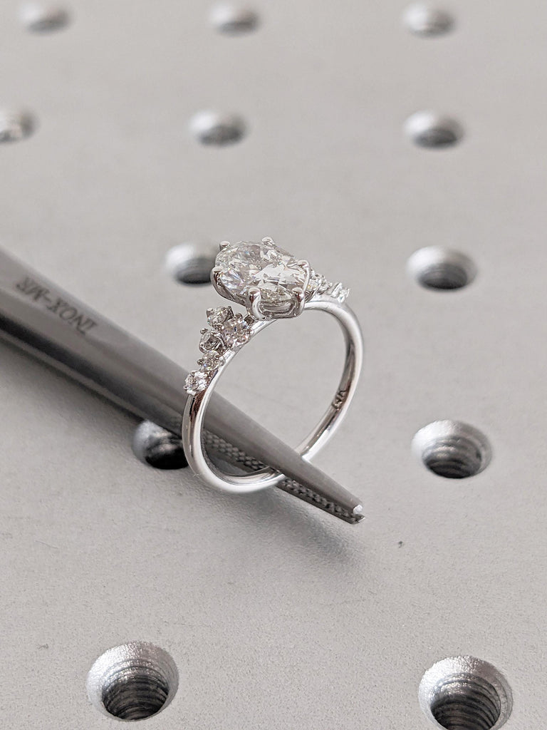 Oval Cut Moissanite Engagement Ring | 14k White Gold Ring | Unique Snowdrift 6 Prong Diamond Cluster Promise Ring | Anniversary Gift for Her