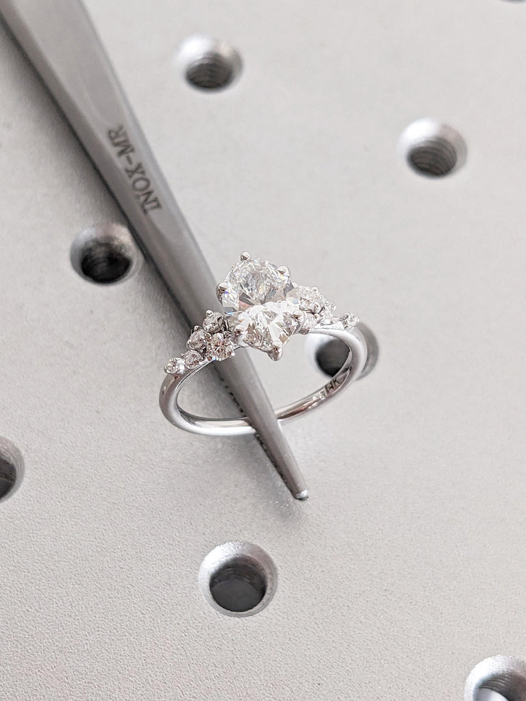 Oval Cut Moissanite Engagement Ring | 14k White Gold Ring | Unique Snowdrift 6 Prong Diamond Cluster Promise Ring | Anniversary Gift for Her