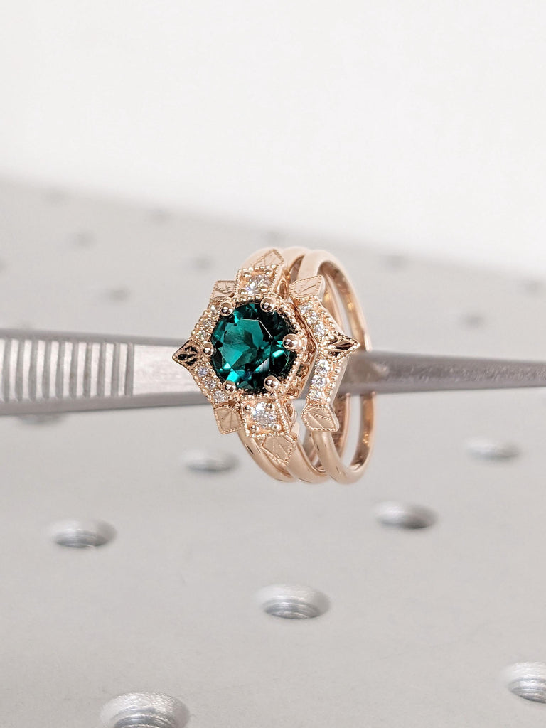 14k Rose Gold Lab Emerald and Diamond Unique Engagement Ring | 3pcs Stacking Ring Set | Antique Handmade Engagement Ring | Curve Wedding Ring | Woman Bridal Jewelry