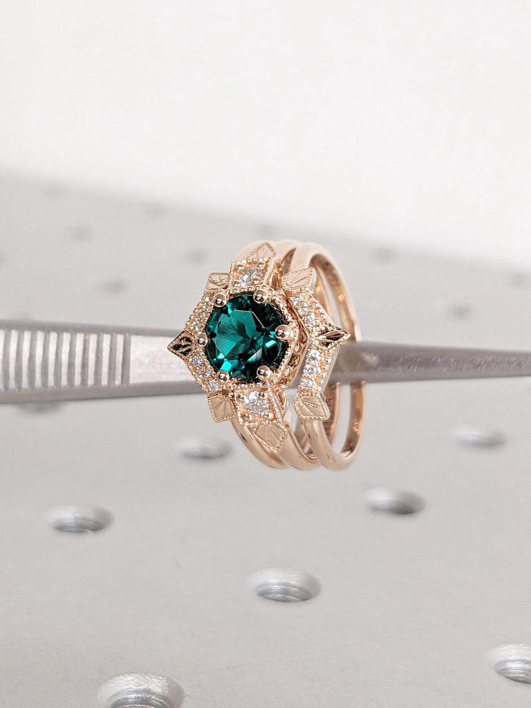 14k Rose Gold Lab Emerald and Moissanite Unique Engagement Ring | 3pcs Stacking Ring Set | Antique Handmade Engagement Ring | Curve Wedding Ring | Woman Bridal Jewelry