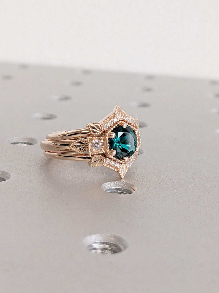 Unique Handmade Vintage Engagement Ring | Green Emerald Ring | May Birthstone Emerald Ring | Birthday Gift for Her Mom Wife Sister | Rose Gold Milgrain Rings for Women