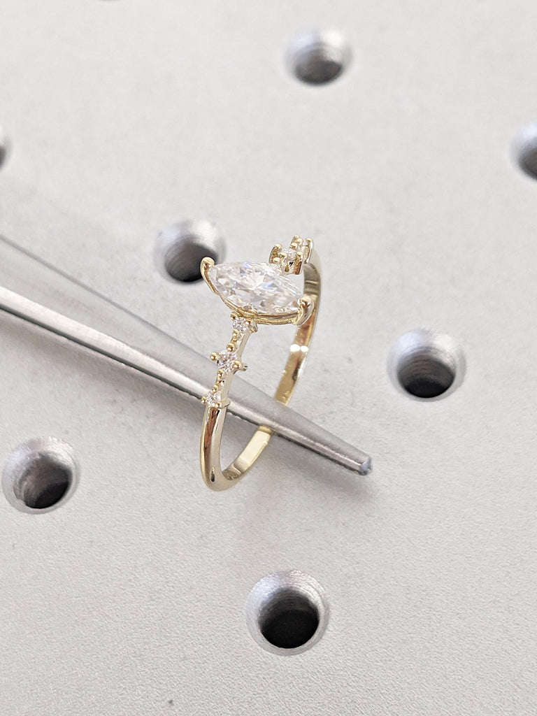 Marquise Cut Moissanite Engagement Ring | Dainty 14k Yellow Gold Ring | Art Deco Anniversary Rings for Women | Floating Bubble Diamond Ring