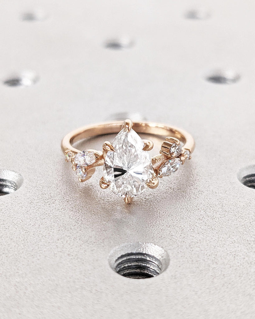 Pear Shaped Lab Diamond Nature Engagement Ring / Diamond Accent Leaves on Twig Ring / Dainty Leaf Ring / 14K Rose Gold / Unique Promise Ring