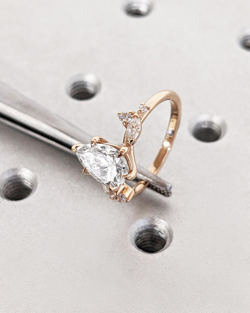 Pear Shaped Lab Diamond Nature Engagement Ring / Diamond Accent Leaves on Twig Ring / Dainty Leaf Ring / 14K Rose Gold / Unique Promise Ring