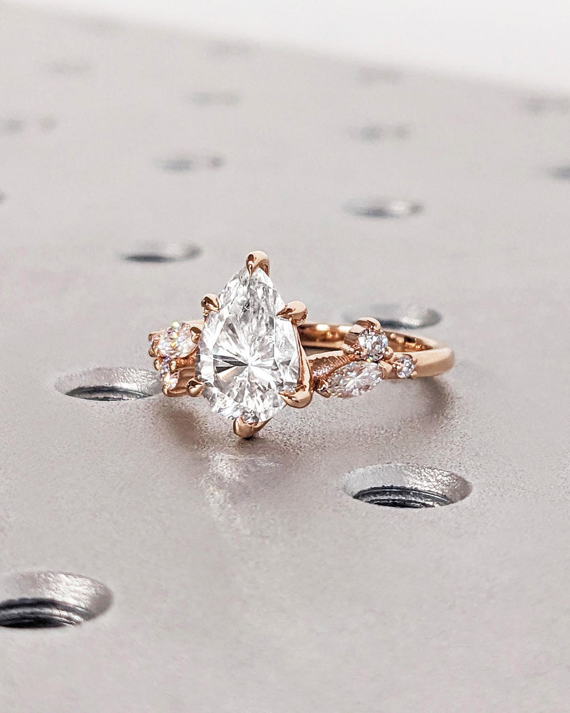 Pear Shaped Lab Diamond Nature Engagement Ring / Diamond Accent Leaves on Twig Ring / Dainty Leaf Ring / 14K Rose Gold / Unique Promise Ring