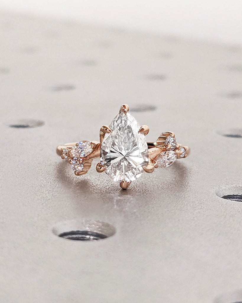 Pear Shaped Lab Diamond Nature Engagement Ring / Diamond Accent Leaves on Twig Ring / Dainty Leaf Ring / 14K Rose Gold / Unique Promise Ring