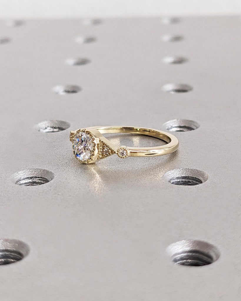 Vintage Round Moissanite Ring / Antique Engagement Ring in 14K Yellow Gold / Art Deco Moissanite Ring Bezel Set / Promise Ring / Daily Wear