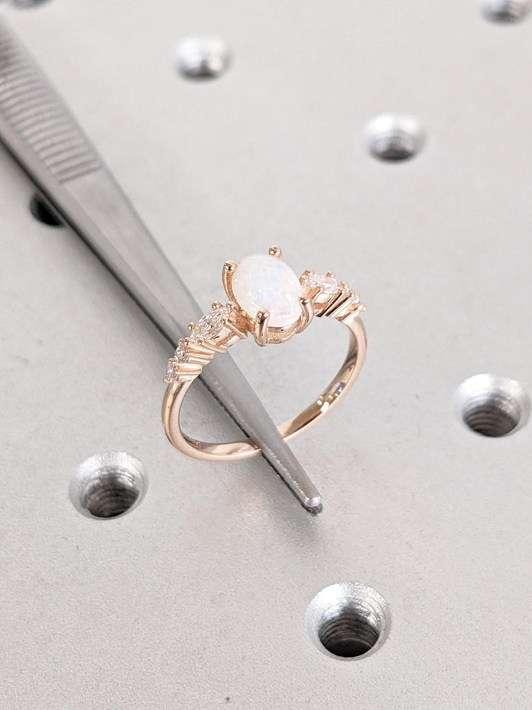 Natural Opal Engagement Ring, 14k Rose Gold Wedding Ring, Oval Cut Vintage Opal Ring, Art Deco Promise Rings for Women, Unique Opal Jewelry