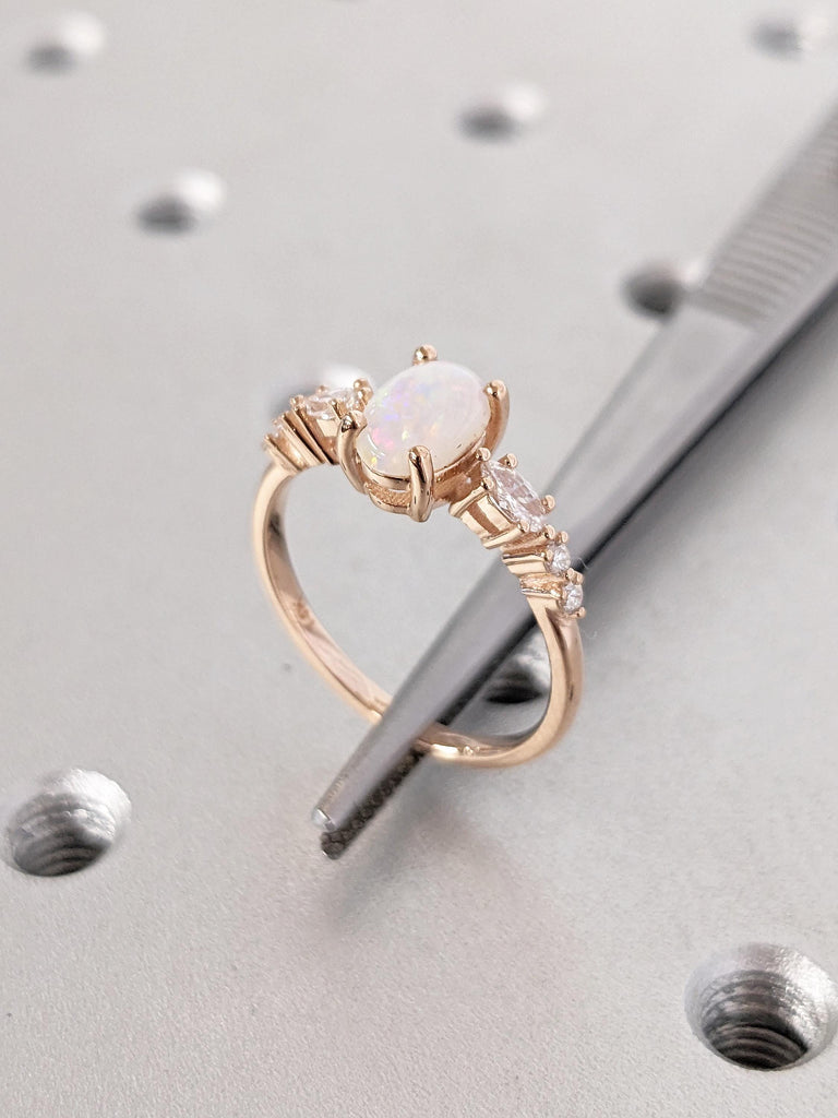 Natural Opal Engagement Ring, 14k Rose Gold Wedding Ring, Oval Cut Vintage Opal Ring, Art Deco Promise Rings for Women, Unique Opal Jewelry