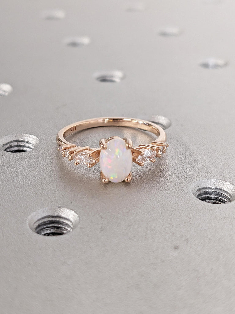 Natural Opal Engagement Ring, 14k Rose Gold Wedding Ring, Oval Cut Vintage Opal Ring, Art Deco Promise Rings for Women, Unique Opal Jewelry