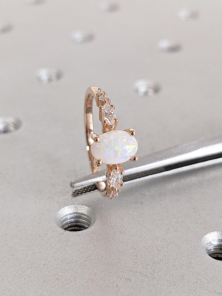 Natural Opal Engagement Ring, 14k Rose Gold Wedding Ring, Oval Cut Vintage Opal Ring, Art Deco Promise Rings for Women, Unique Opal Jewelry