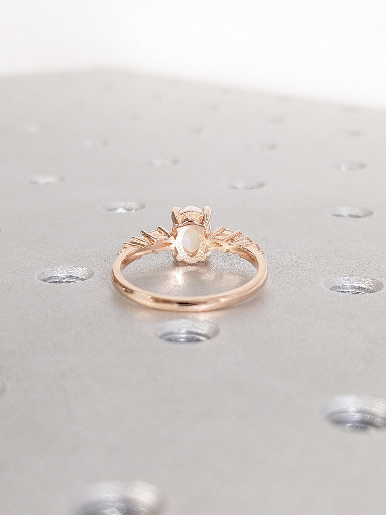 Natural Opal Engagement Ring, 14k Rose Gold Wedding Ring, Oval Cut Vintage Opal Ring, Art Deco Promise Rings for Women, Unique Opal Jewelry