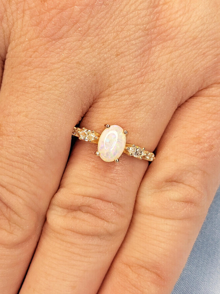 Natural Opal Engagement Ring, 14k Rose Gold Wedding Ring, Oval Cut Vintage Opal Ring, Art Deco Promise Rings for Women, Unique Opal Jewelry