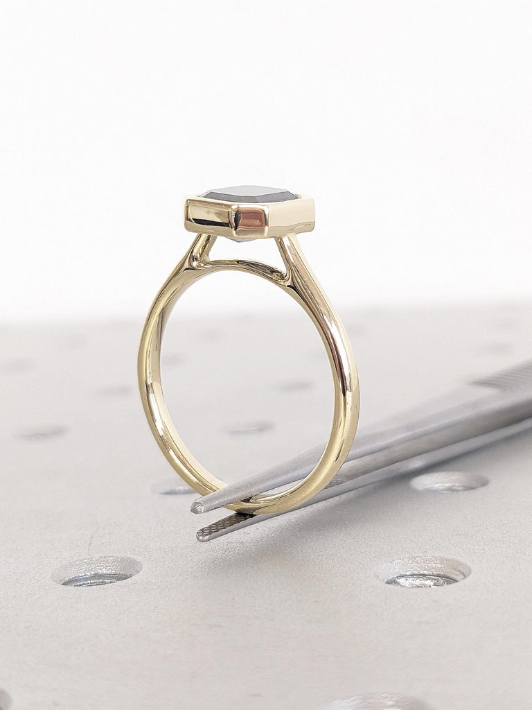 14K Yellow Gold Engagement Ring, Emerald Salt and Pepper Diamond Ring, Solitaire Promise Ring, Dainty Statement Ring, Unique Gift For Women
