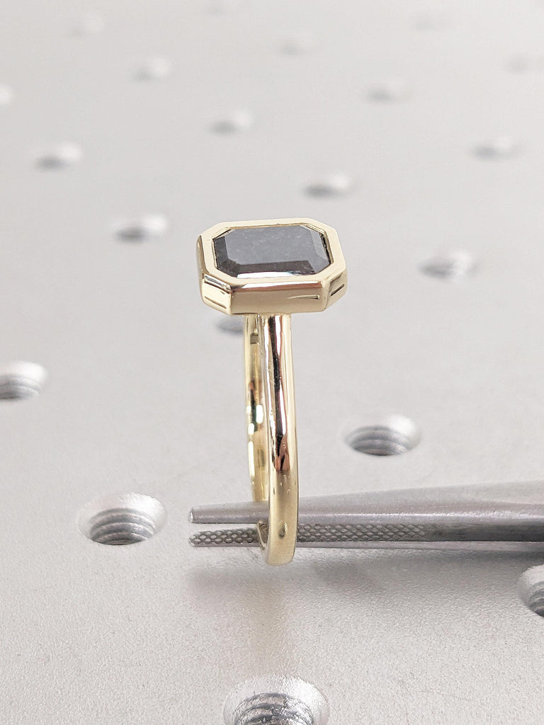 14K Yellow Gold Engagement Ring, Emerald Salt and Pepper Diamond Ring, Solitaire Promise Ring, Dainty Statement Ring, Unique Gift For Women