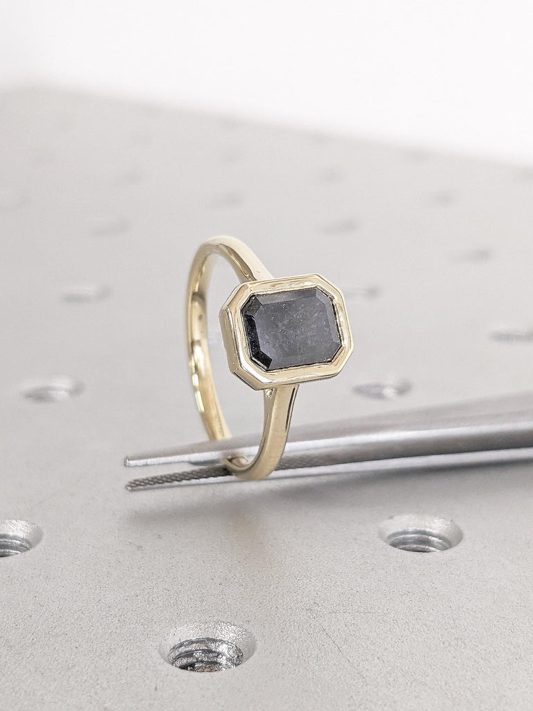 14K Yellow Gold Engagement Ring, Emerald Salt and Pepper Diamond Ring, Solitaire Promise Ring, Dainty Statement Ring, Unique Gift For Women