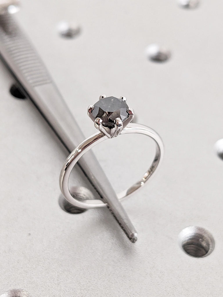 Solitaire Diamond Ring | Salt and Pepper Diamond Engagement Ring | 14k White Gold Anniversary Ring | Minimalist Ring | Unique Promise Ring