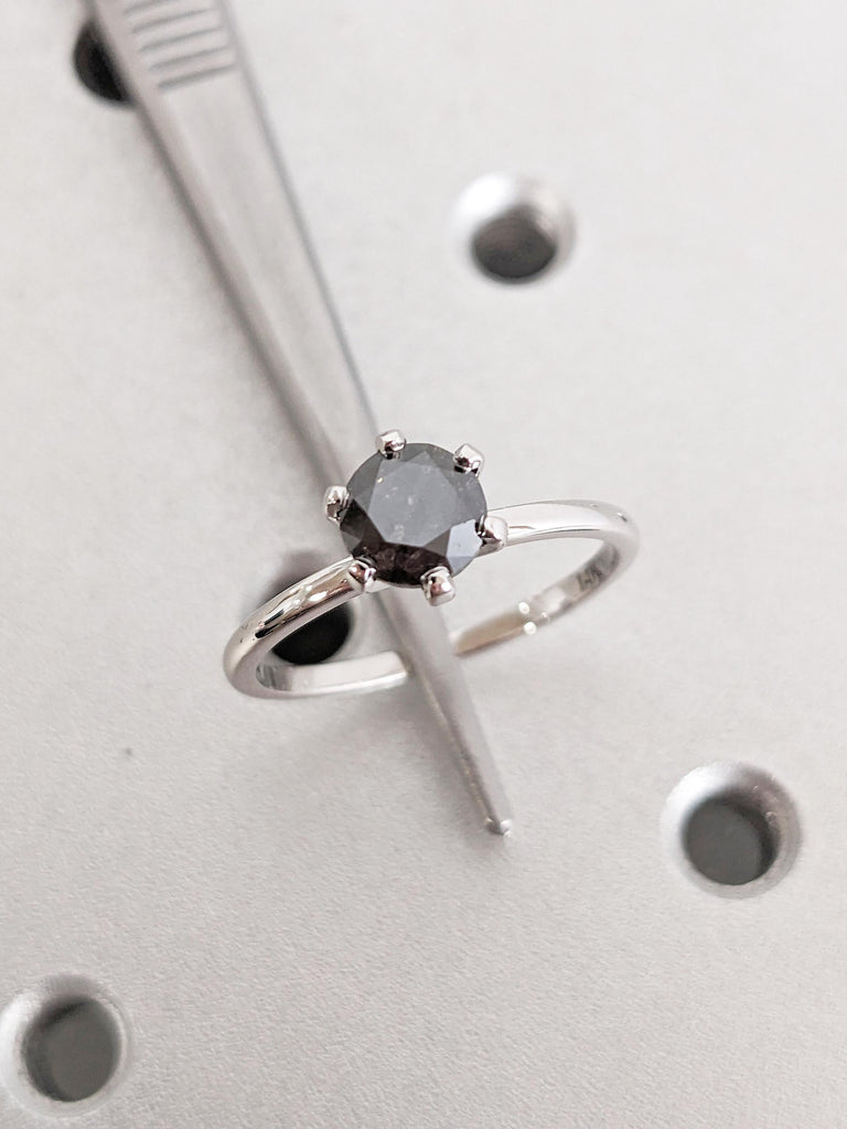 Solitaire Diamond Ring | Salt and Pepper Diamond Engagement Ring | 14k White Gold Anniversary Ring | Minimalist Ring | Unique Promise Ring