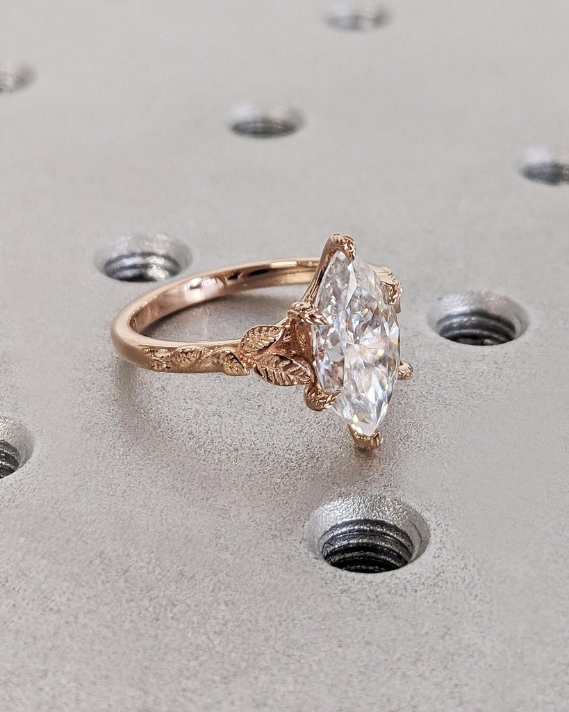 Marquise Cut Nature Engagement Ring, Marquise Moissanite Ring, Solitaire Marquise Engagement Ring, Dainty Leaf Ring, Rose Gold Promise Ring